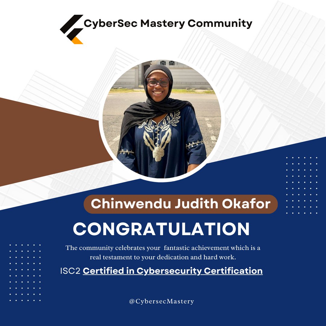 Congrats to a member of CyberSec Mastery Community @ChinwenduOkafo.   Chinwe crushed the ISC2 CC exam after undergoing the FREE training designed for cybersecurity beginners. Her passion & dedication pay off! #cybersecurity #ISC2CC #CyberSecMastery