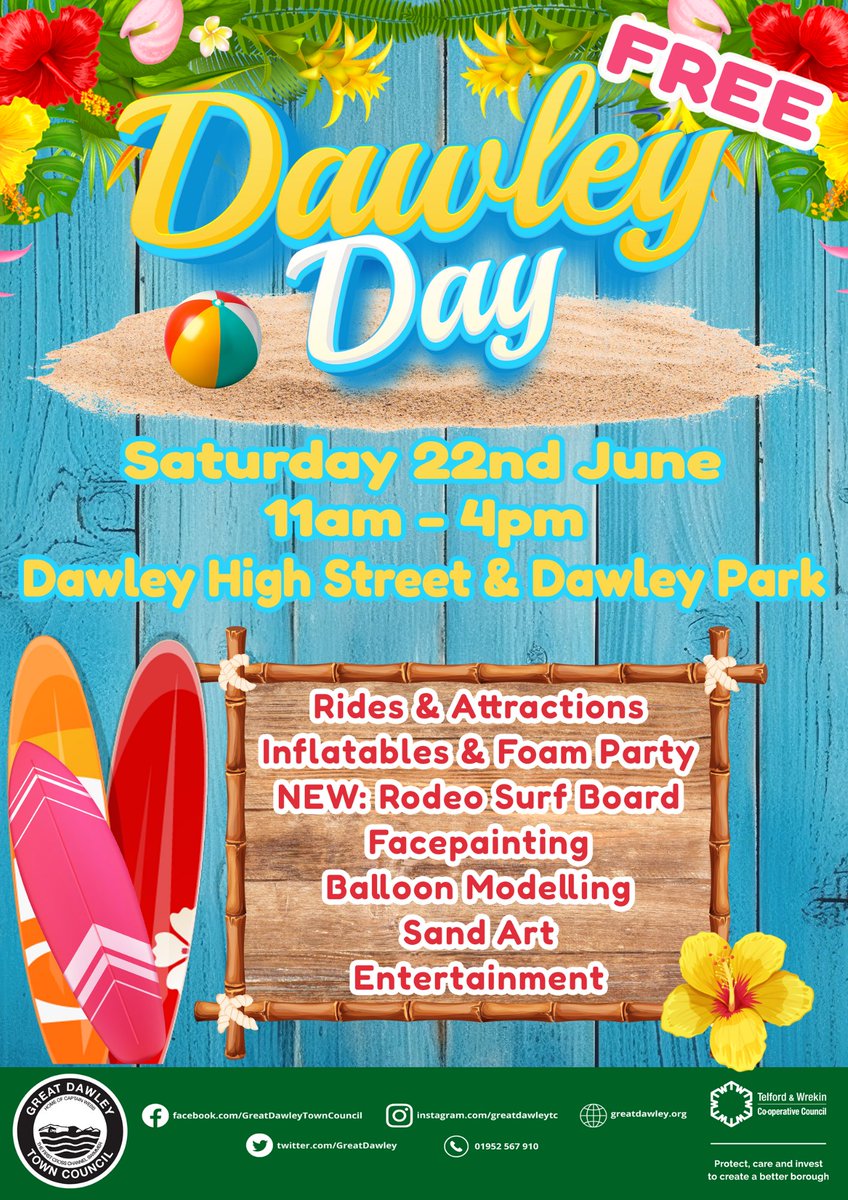 📣 SAVE THE DATE & SHARE WITH YOUR FRIENDS 📣
🎉 2024 Dawley Day will be taking place on Saturday 22nd June (11am - 4pm) on Dawley High Street & Dawley Park!
There will be loads to see and do, so don't miss out!