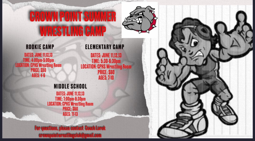 Camp coming up soon! Middle School Elementary Rookies 4-6 years old! All wrestlers are welcome!🤼🤼🤼