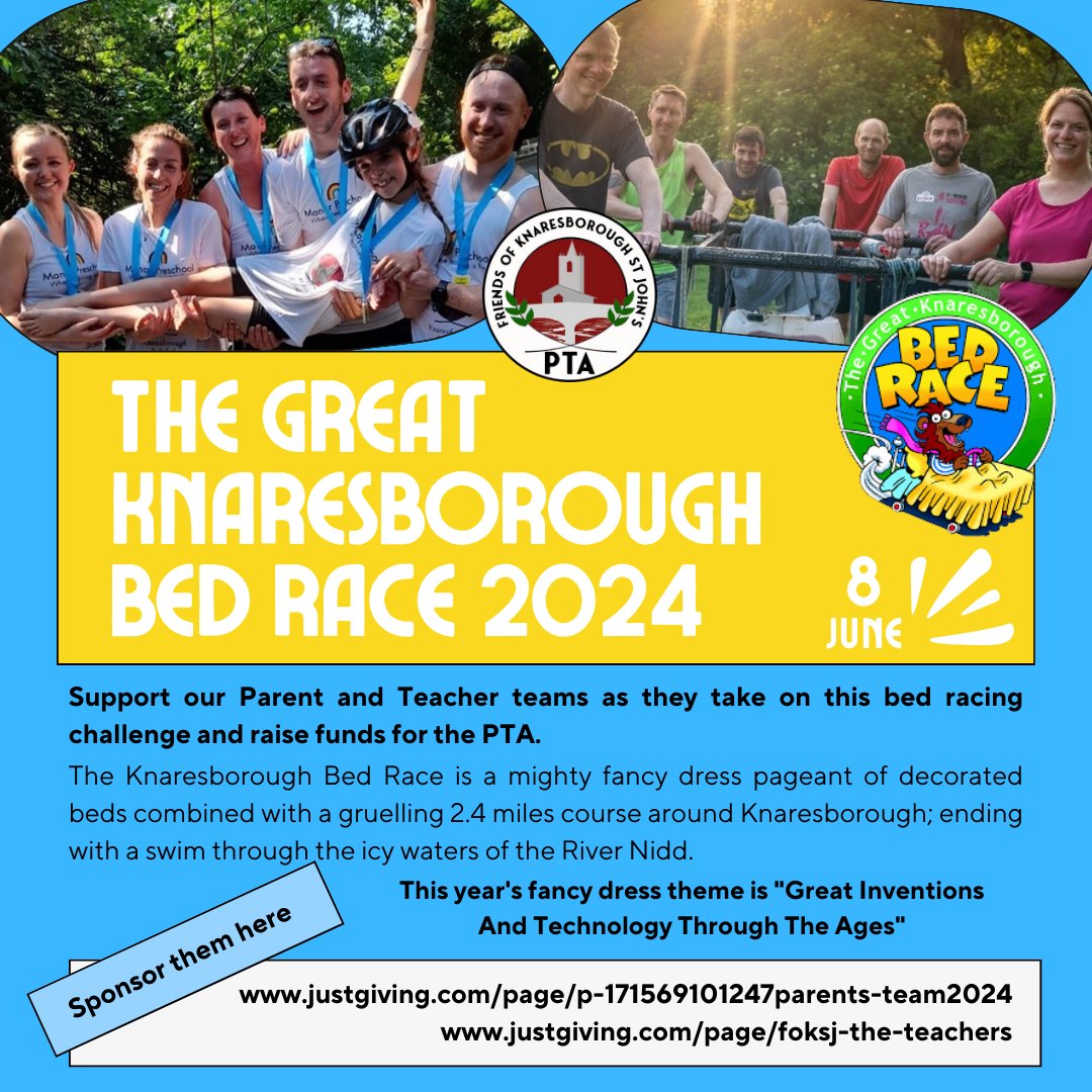 The Great Knaresborough Bed Race! This year's fancy dress theme is "Great Inventions And Technology Through The Ages"
Sponsor our parents:
justgiving.com/page/p-1715691…
And Sponsor our Teachers:
justgiving.com/page/foksj-the…
<a href="/KSJ_Primary/">KnaresboroughCE</a> 
See less