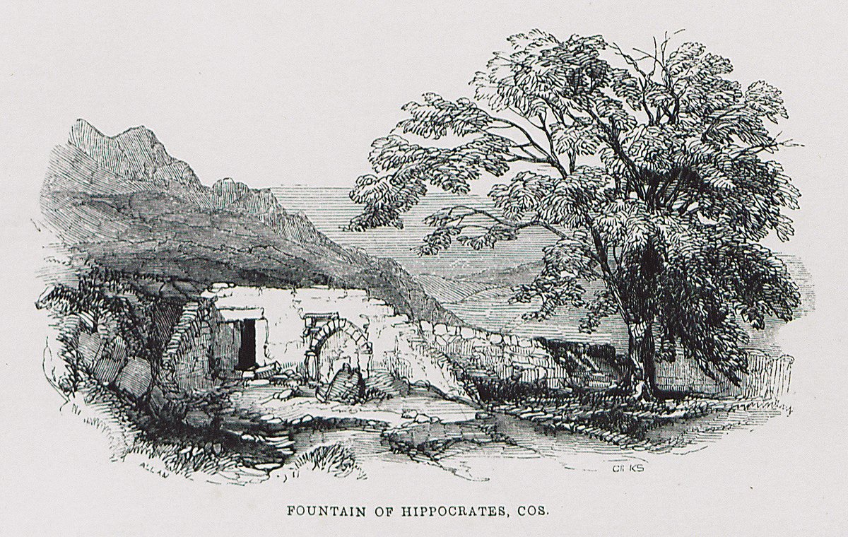 Cos is the spoiled child of the group. You know it at once, without even going ashore. It is green, luxuriant and a little dishevelled. An island that does not bother to comb its hair. — Lawrence Durrell Fountain of Hippocrates, Cos (Allan, 1843)