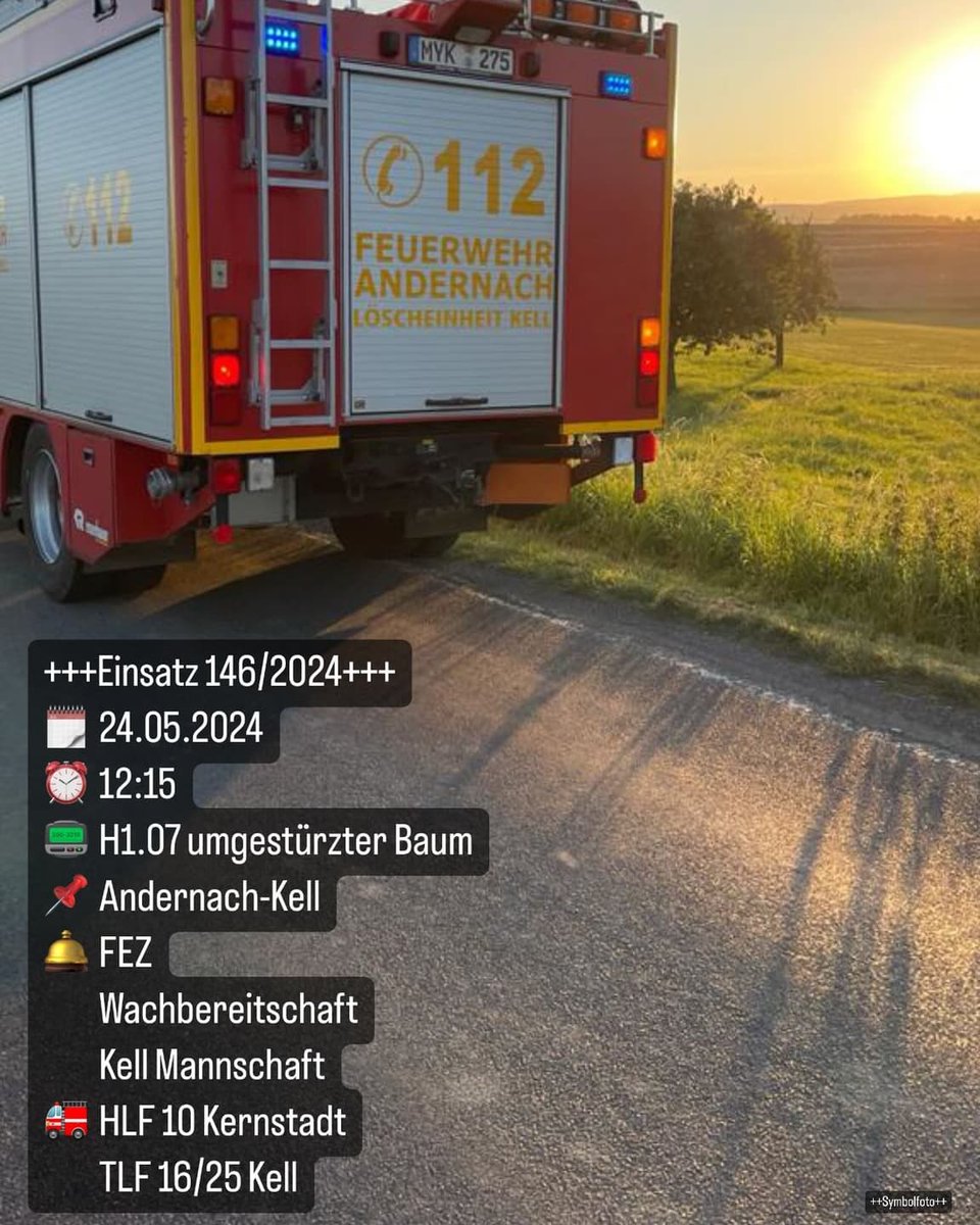 🚨 Einsatz Nr. 146/2024 für die Städt. Freiwillige Feuerwehr Andernach 

📆 24.05.2024 um 12:15 Uhr

🚨 H1.07 - Umgestürzter Baum 

🏠 Andernach-Kell

Symbolbild 

#feuerwehr #Andernach #Rhein #kruft #pellenz #Rettungsdienst #mayenkoblenz #landkreismayenkoblenz  #rheinlandpfalz