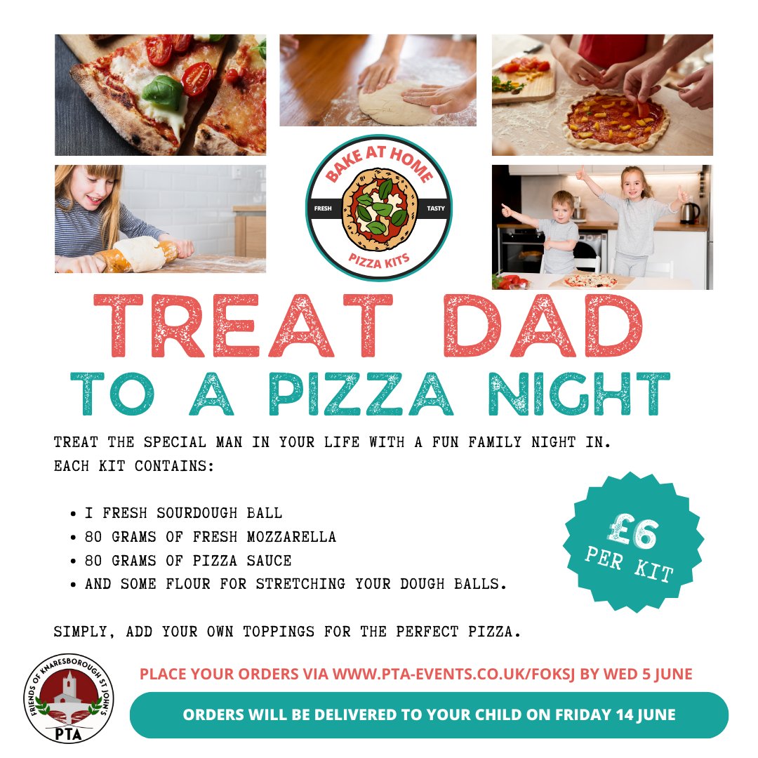 This Father's Day, give Dad the gift of a perfect pizza night with our Bake at Home Pizza Kits! 📷
📷 Order Now &amp; Get Ready to Bake - pta-events.co.uk/foksj
£6 per Kit and 1 kit makes one pizza
Orders will close on Wednesday 5th June
<a href="/KSJ_Primary/">KnaresboroughCE</a>