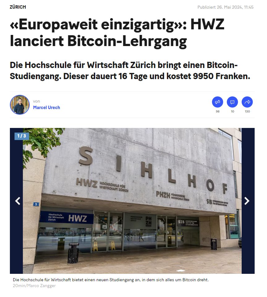 sunnydecree's tweet image. Die Hochschule für Wirtschaft Zürich bringt einen #Bitcoin-Studiengang. Dieser dauert 16 Tage und kostet 9950 Franken.