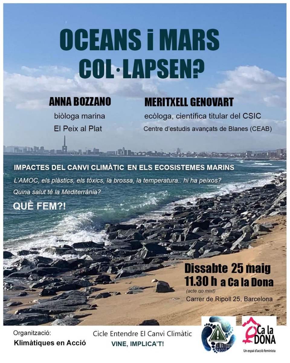 3a sessió cicle Entendre el canvi climàtic, ahir a <a href="/caladona/">Ca la Dona</a>
Impacte en #OceansiMars.
Què passa, què fem?
amb Anna Bozzano <a href="/elpeixalplat/">El Peix al Plat</a> i Meritxell Genovart <a href="/meritxellgeno/">Meritxell Genovart</a>

Quan la situació climàtica global amenaça col•lapse, es fa imperatiu un canvi global de sistema.