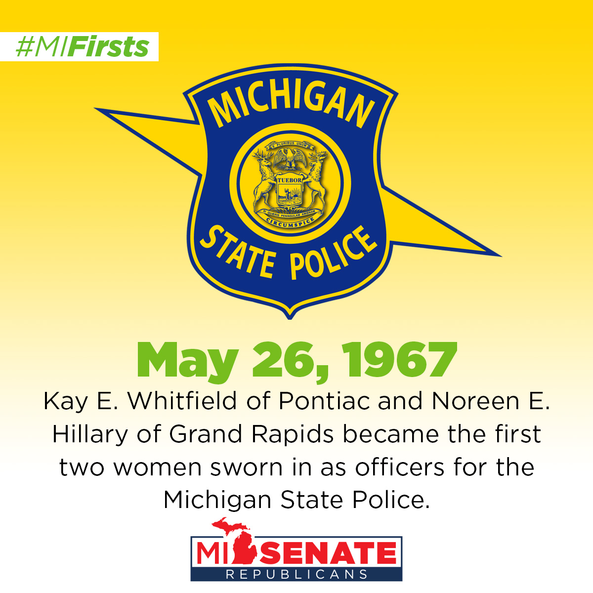 Kay E. Whitfield of Pontiac and Noreen E. Hillary of Grand Rapids became the first two women sworn in as officers in the Michigan State Police.