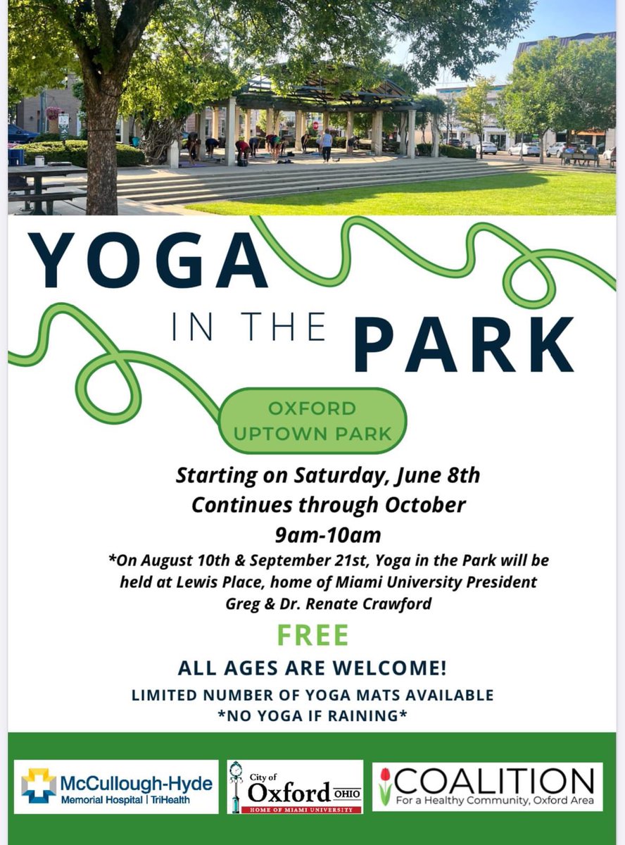 Save the date! Yoga in the Park is Back! 🧘‍♀️✨ Join us every Saturday starting June 8th through October from 9-10am for a rejuvenating yoga session in the beautiful outdoors. This is FREE! 

Check our online calendar for events here:healthyoxfordarea.org/upcoming-event…