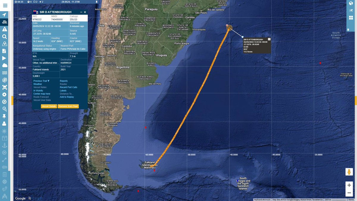 #RRSSirDavidAttenborough Here is the Attenborough's progress as it makes its way back to England. #vesseltracking by @BigOceanData