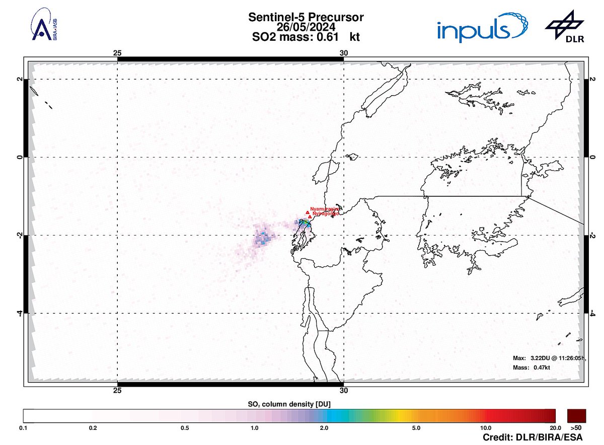 On 2024-05-26 #TROPOMI has detected an enhanced SO2 signal of 3.22DU at a distance of 14.4km to #Nyiragongo. Other nearby sources:  #Nyamuragira. #DLR_inpuls @tropomi #S5p #Sentinel5p @DLR_en @BIRA_IASB @ESA_EO #SO2LH