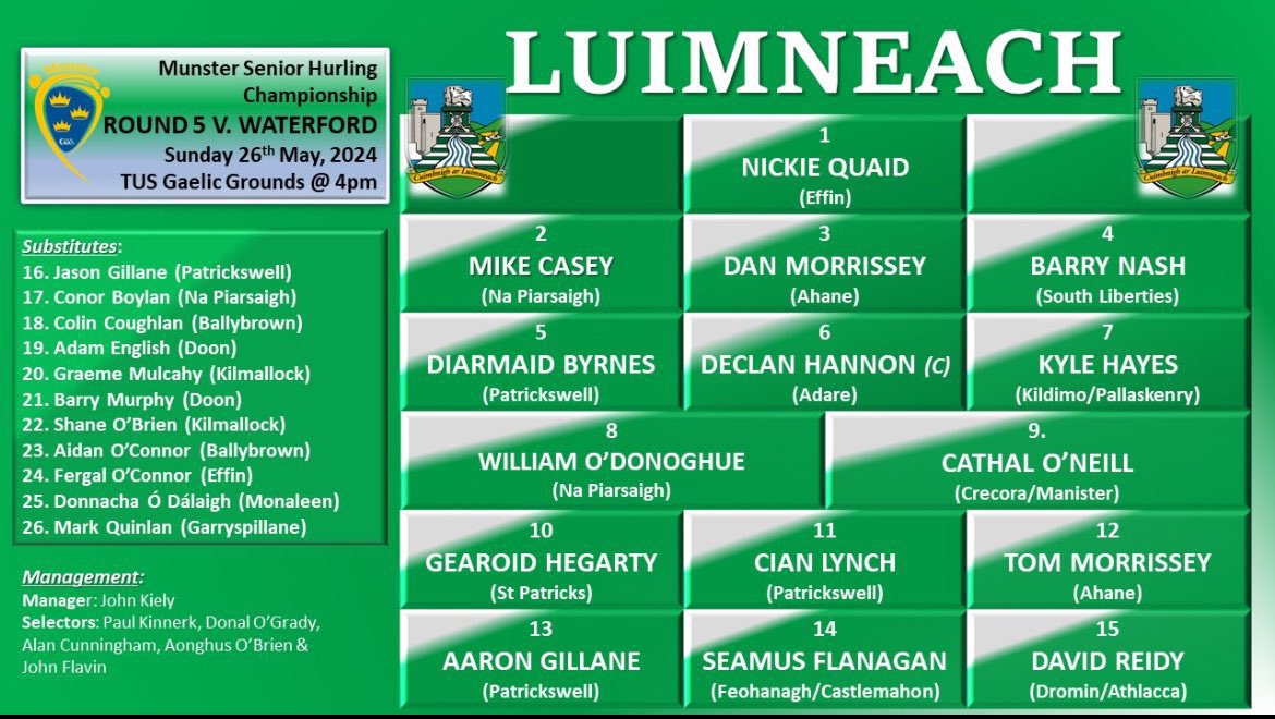 Best of luck to Limerick today, especially to local men @NapGAA’s Mike Casey, William O’Donoghue and Conor Boylan! And @StPatsGAALimk’s Gearoid Hegarty. #luimneachabú