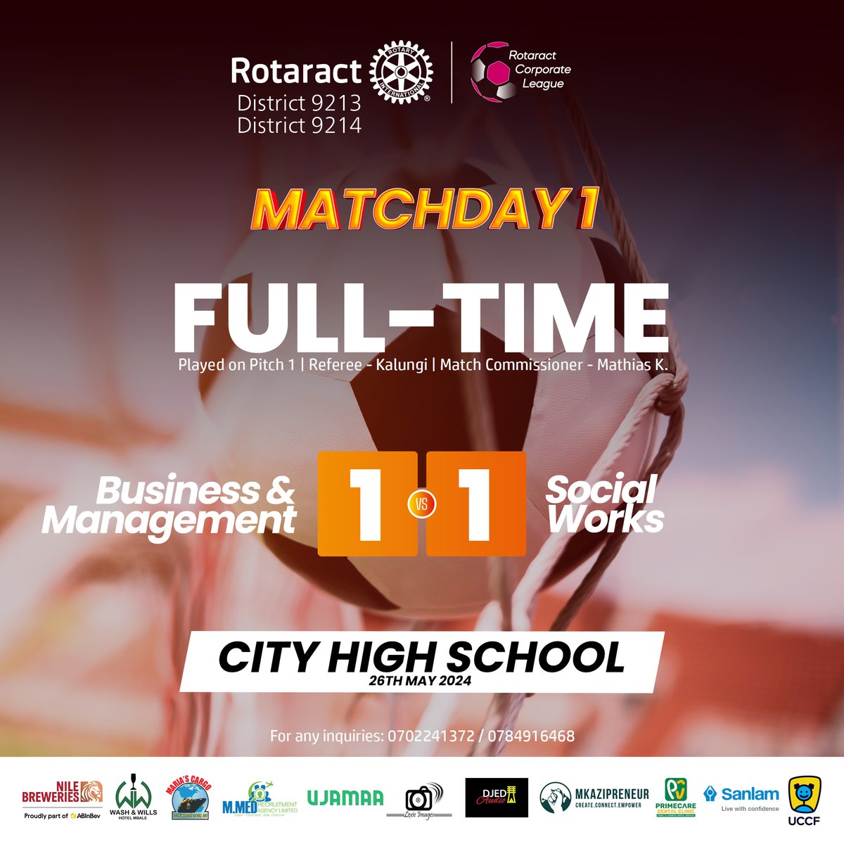 RotaractLeague's tweet photo. Fourth draw of the day.

Full time! Business &amp; Management 1-1 Social Works

#RCLI | #RotaractUgLeague | #StrongerTogether https://t.co/w4HBP0nts8