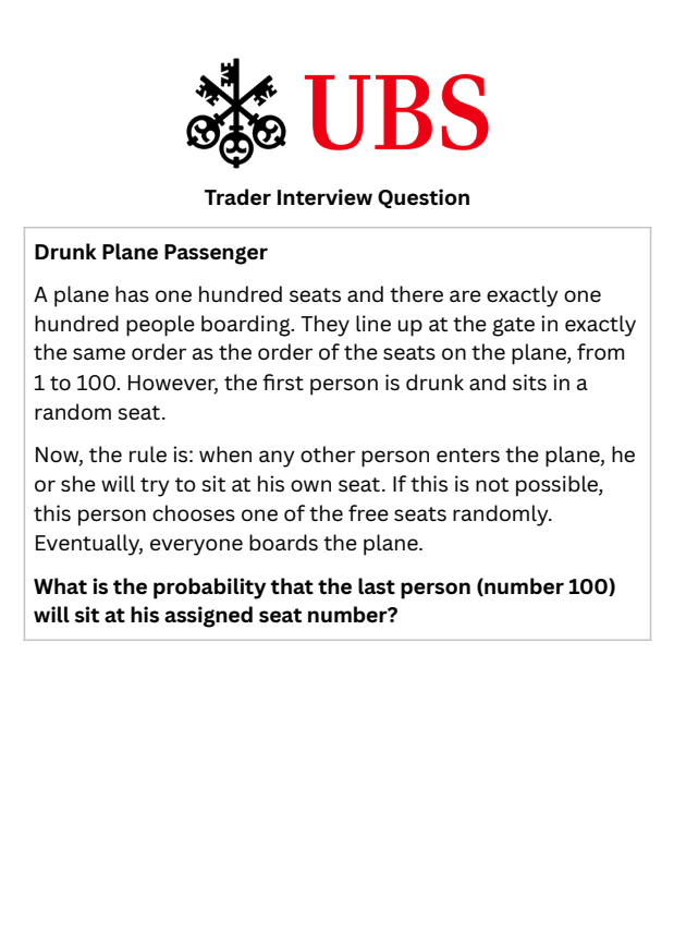 urazdev's tweet image. UBS'in sarhoş uçak yolcusu sorusu:

Bir uçakta yüz koltuk var ve tam olarak yüz kişi uçağa binecek. Yolcular uçaktaki koltuk sırasına göre, yani 1'den 100'e kadar olan sıra numaralarına göre sıraya giriyorlar. Ancak ilk kişi sarhoş ve rastgele bir koltuğa oturuyor. Kural şu:…