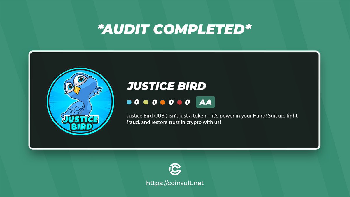 CoinsultAudits's tweet image. 🔒 AUDIT COMPLETED FOR JUSTICE BIRD

🎁 GIVEAWAY: $10 (48 hours)

1⃣ Follow @jubitoken &amp;amp; @CoinsultAudits
2⃣ Like + RT this tweet
3⃣ Place a comment 💬

Go check out the full project page of justice bird 👇
coinsult.net/projects/justi…

#giveaway #audit #smartcontract #cryptogiveaway…