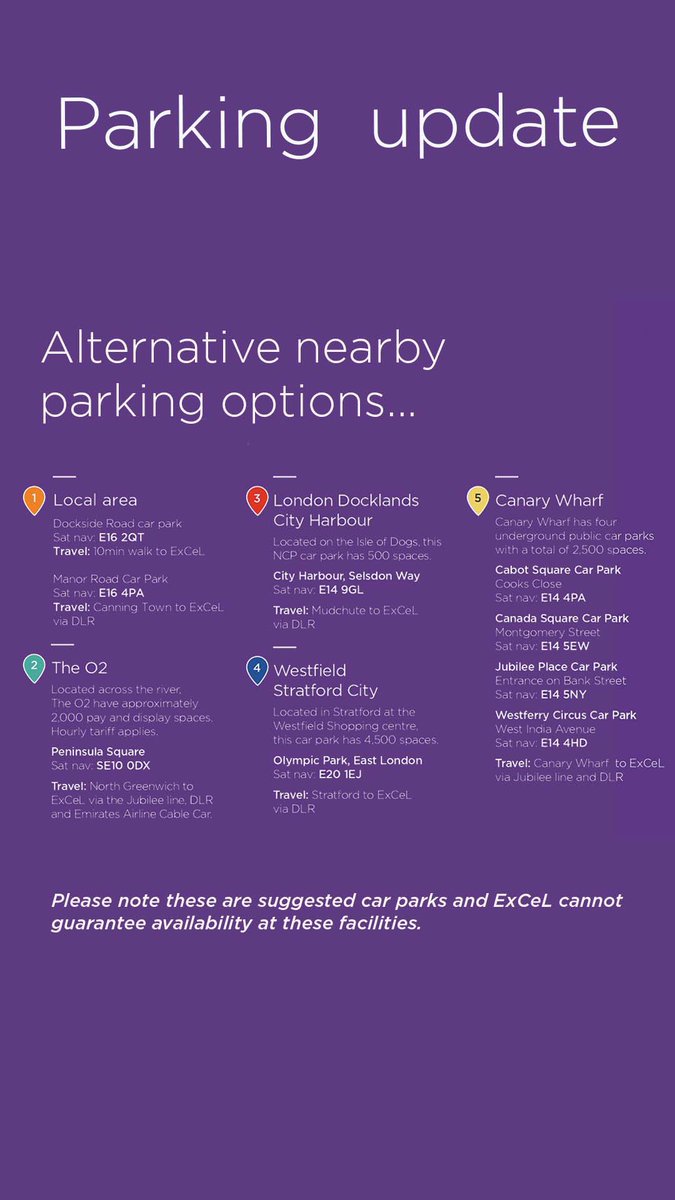 PARKING UPDATE: Sunday, 26 May | 2pm Our car parking facilities are now at capacity, please see below for alternative nearby options. Thank you #ExCeLLondon @MCMComicCon