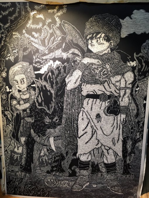 明日はドラクエの日ですなぁ
(*'꒳`*)✨

これは当時中学生だったつるぎが
文化祭の展示用に
Vのパッケージイラストを
スクラッチアートにしたもの

#ドラクエの日 