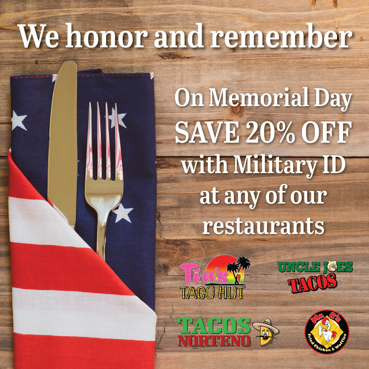Mr. C’s is proud to serve those who serve. 🇺🇸 In honor of Memorial Day, we’ll be offering 20% OFF tomorrow to those with a military ID.

#mrcsfriedchickenandwaffles #memorialday #comfortfood #safoodie #safood #satxfood #sanantoniofood #safoodpics #eatlocalsa #sanantonioeats