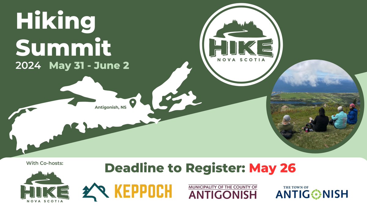 Hike Nova Scotia (@hikens) on Twitter photo DEADLINE to Register: TODAY MAY 26, Hike NS #HikingSummit May 31-June 2 in #Antigonish with co-hosts <a href="/HikeNS/">Hike Nova Scotia</a>, <a href="/Keppoch_Trails/">Keppoch Mountain</a>, <a href="/AntigonishTown/">Town of Antigonish</a> <a href="/AntigonishCo/">Antigonish County</a> and sponsors <a href="/Atlantickspray/">Atlantick Repellent Products</a> & #DairyFarmersNS.
Learn more & register: hikenovascotia.ca/news-hiking-su… DEADLINE to Register: TODAY MAY 26, Hike NS #HikingSummit May 31-June 2 in #Antigonish with co-hosts <a href="/HikeNS/">Hike Nova Scotia</a>, <a href="/Keppoch_Trails/">Keppoch Mountain</a>, <a href="/AntigonishTown/">Town of Antigonish</a> <a href="/AntigonishCo/">Antigonish County</a> and sponsors <a href="/Atlantickspray/">Atlantick Repellent Products</a> & #DairyFarmersNS.
Learn more & register: hikenovascotia.ca/news-hiking-su…