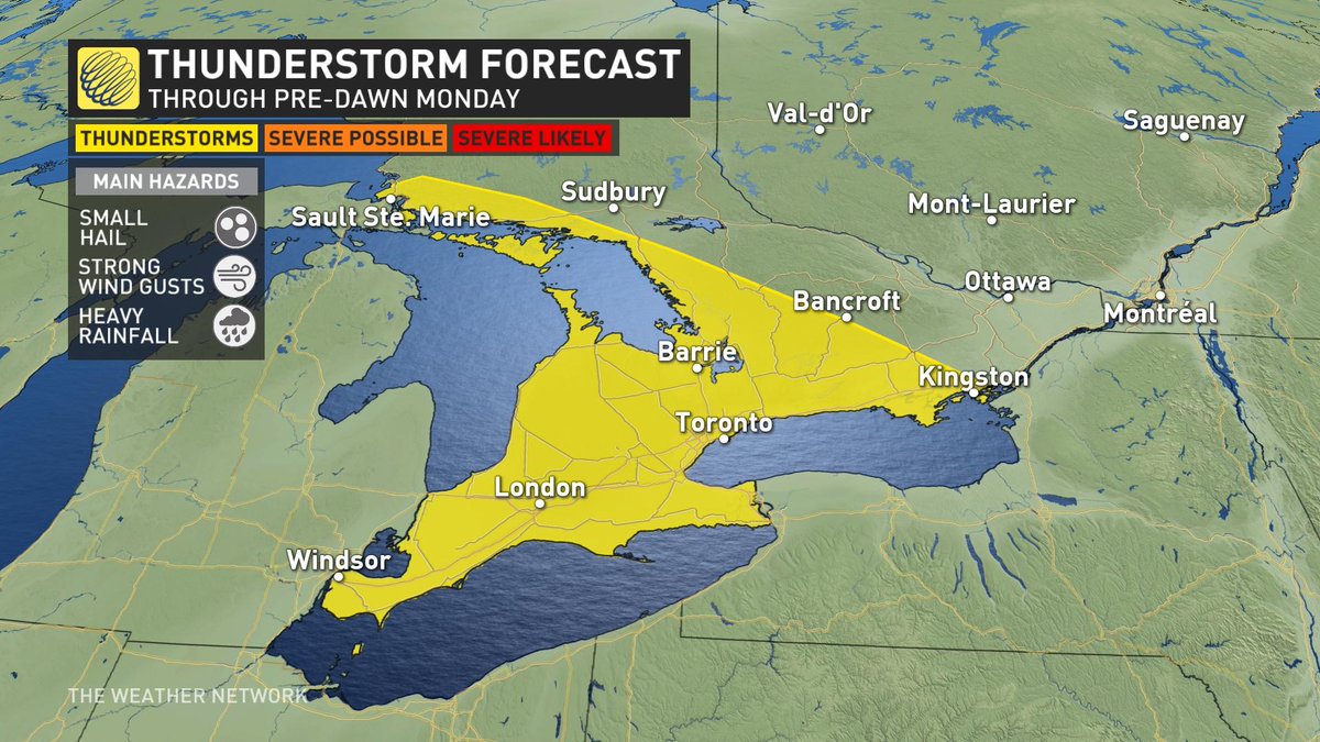 First wave of rain will push over southwestern Ontario Sunday evening, and will include a chance of thunderstorms. Some locales could see severe storms, with the threat of large hail, heavy rain and strong wind gusts. Second round through pre-dawn hours on Monday. #ONstorm #ONwx