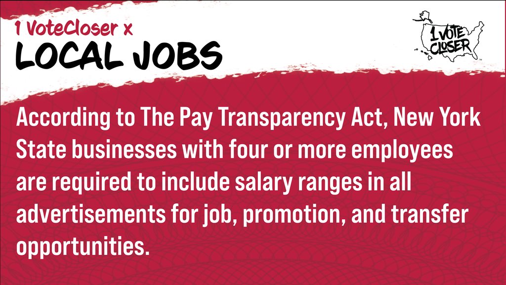 🎉 The Pay Transparency Act now requires New York State businesses with 4+ employees to include salary ranges in job, promotion, and transfer ads. This is a huge step towards fair pay and transparency! 💼💰 #EqualPay #PayTransparency #1votecloser #FairWages #NYJobs #NewYorkJobs