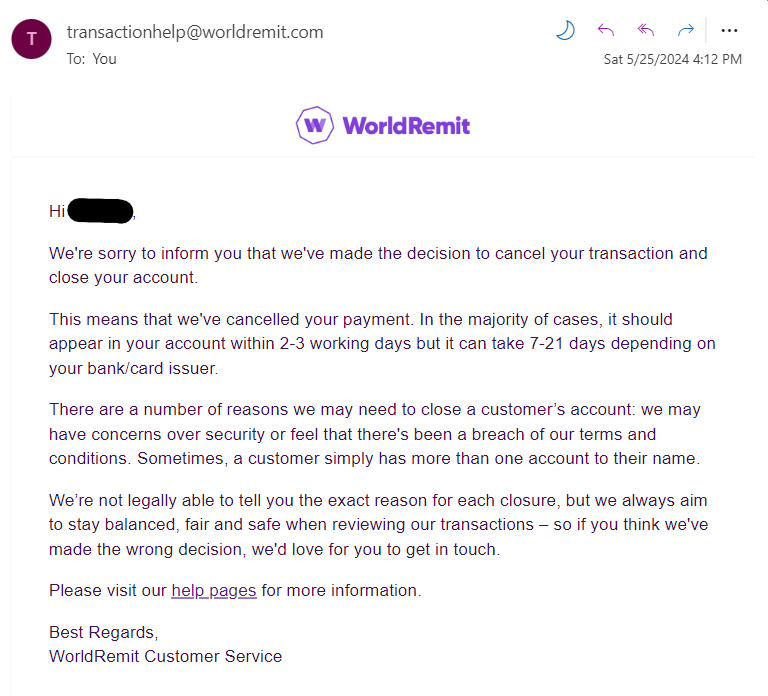 endofmidsummer's tweet photo. @WorldRemit this is not how a respectable business treats a new customer. I provided sensitive personal information, including my ID, a selfie and my credit card details and gave you money. To then be abruptly cut off and have this email sent to me as explanation is unacceptable. https://t.co/mSHT8667SQ