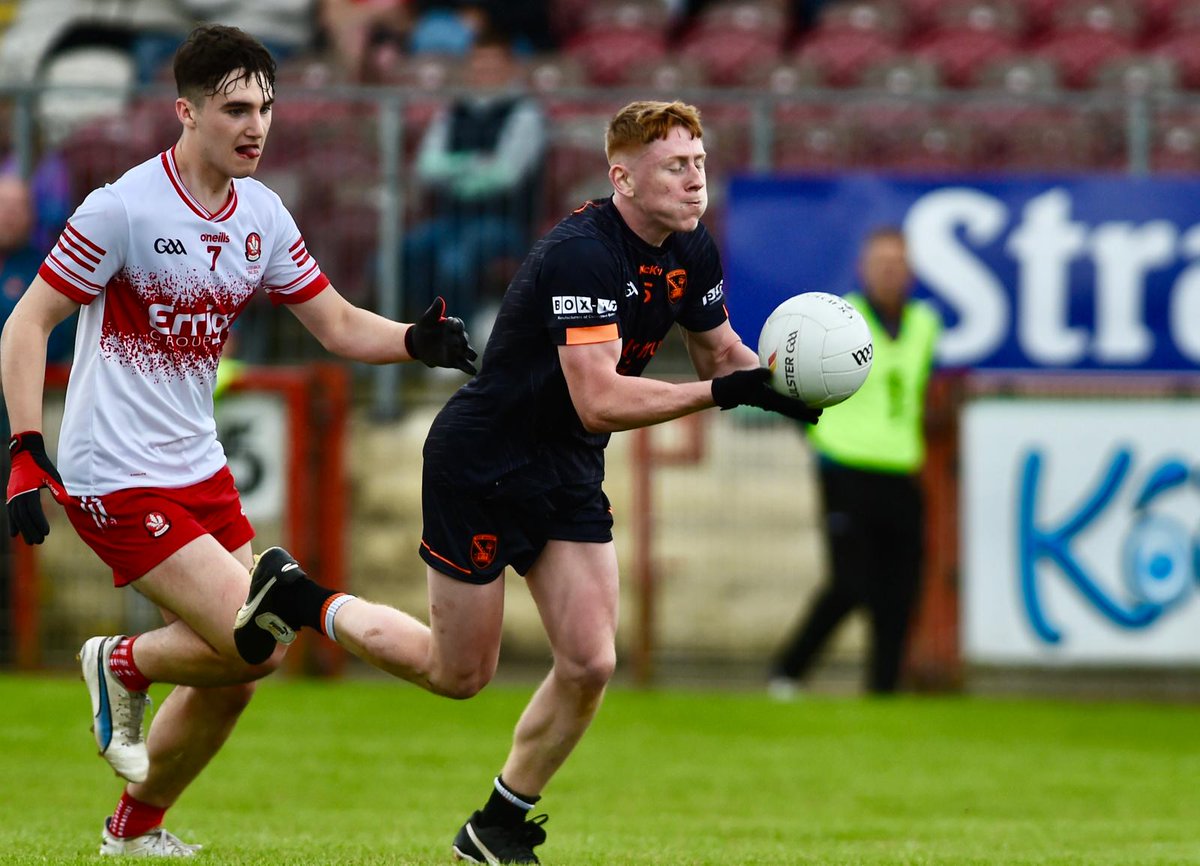 LATEST: 2024 @ElectricIreland Ulster Minor Football Championship Final 🏆🏐 @Armagh_GAA🟧⬜️ 1-05 @Doiregaa🟥⬜️ 0-09 2nd half, 48 mins Fionn Toale with an Armagh point from play 📺 Live on @SportTG4 @GAA_BEO #Ulster2024 #ThisIsMajor