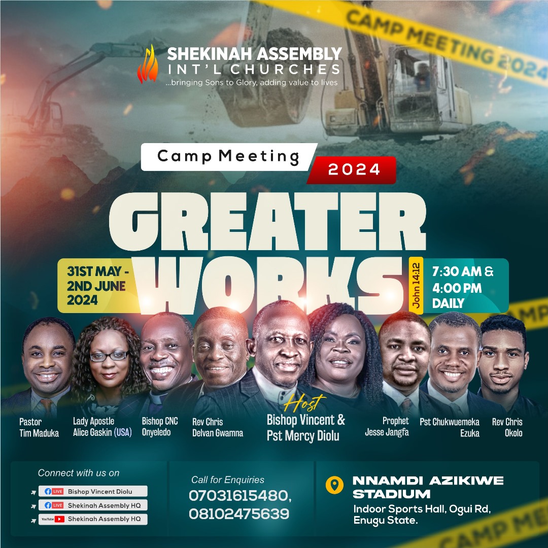 The eagles are gathering at Nnamdi Azikiwe Stadium, Enugu on the 31st of May. Come and drink from this fountain. Specially inviting you for this feast of the spirit 🔥🔥🔥🔥
#enugu
#campmeeting2024
#greaterworks
#shekinahassemblyintlchurches
#bishopvincentdiolu