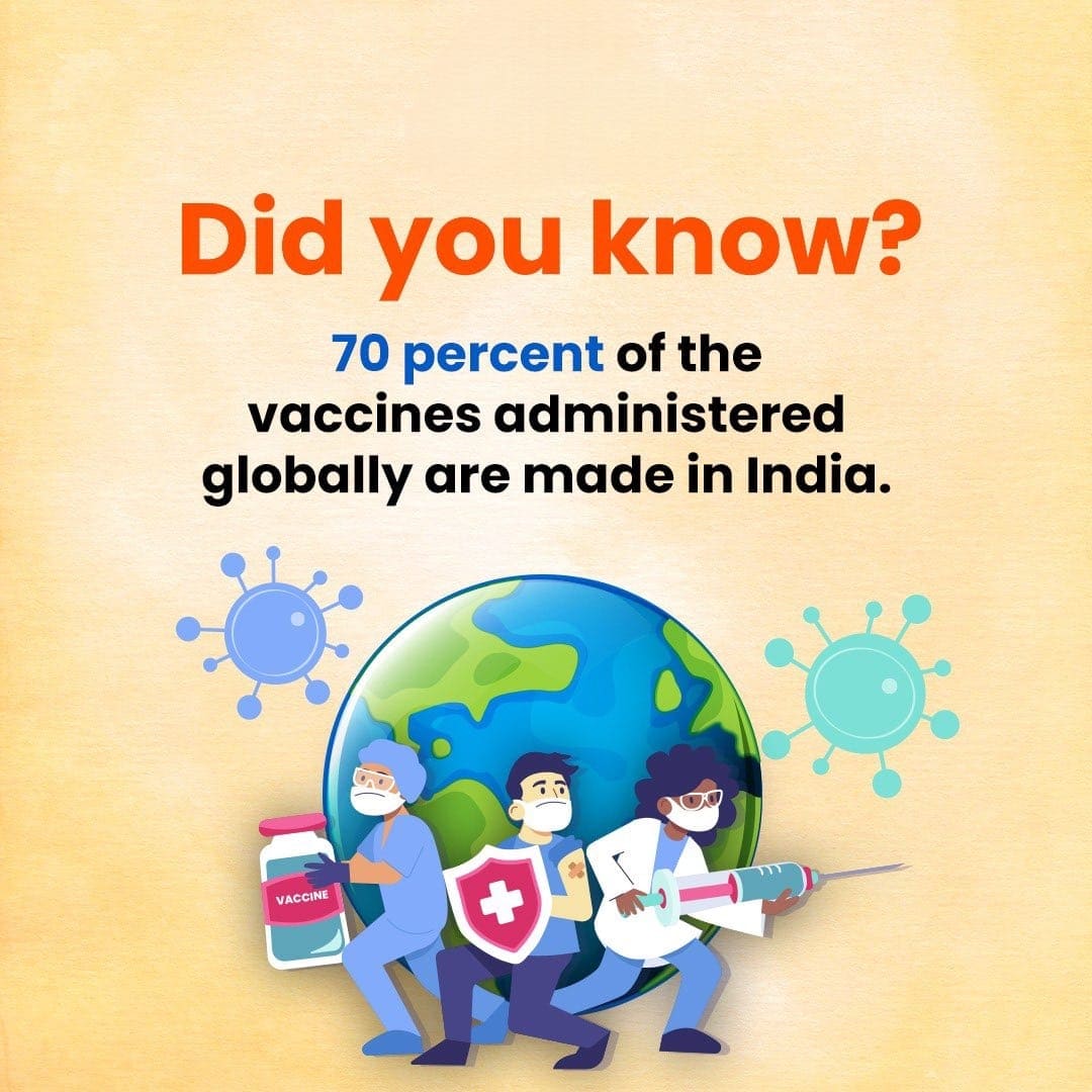 #DidYouKnow? 🇮🇳's contribution in global healthcare through vaccine supply is a crucial one with 70% of the vaccines supplied supplied worldwide being 'Made in India'. 

#AmritMahotsav #MainBharatHoon
@makeinindia