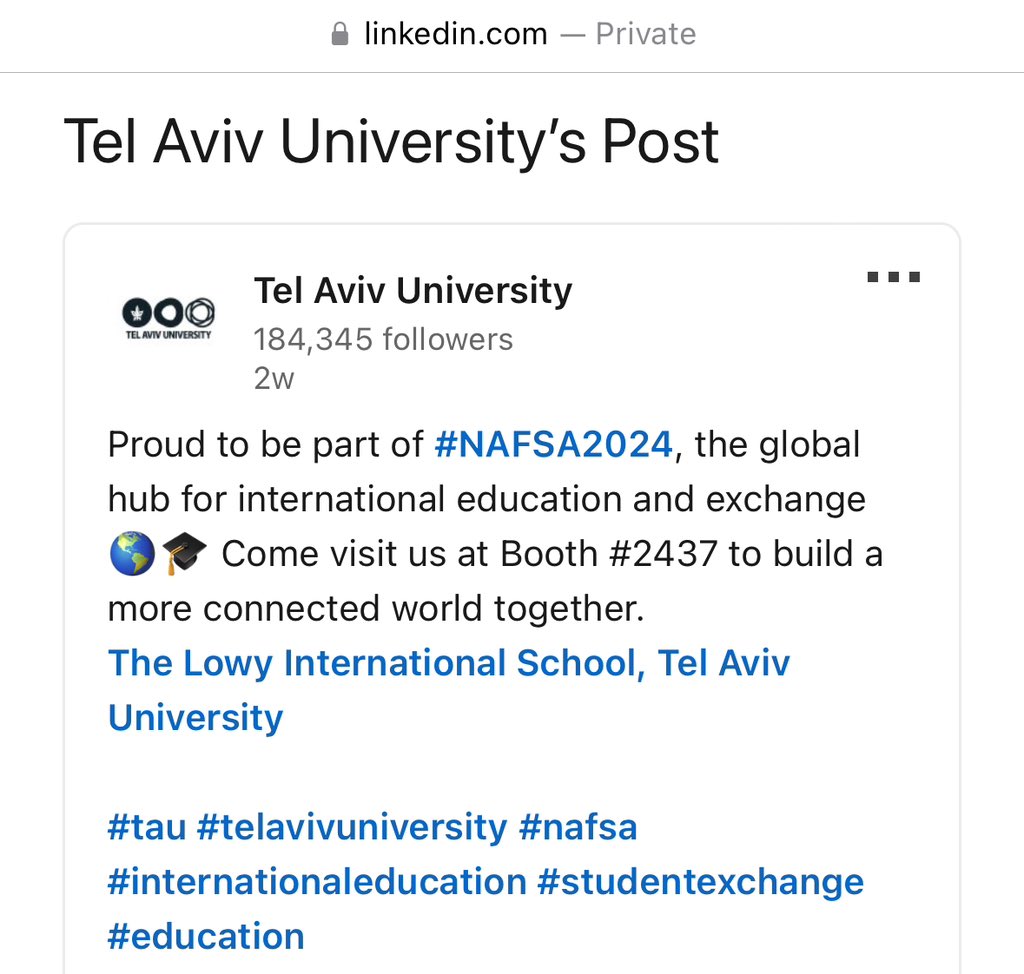 Absolutely disgusted but not surprised that <a href="/Tulane/">Tulane University</a> is sponsoring an international education conference (<a href="/NAFSA/">NAFSA</a>) that will platform Israeli universities amid Israel’s ongoing genocide of Palestinians, knowing full-well the toll these universities are playing in that effort. 🧵