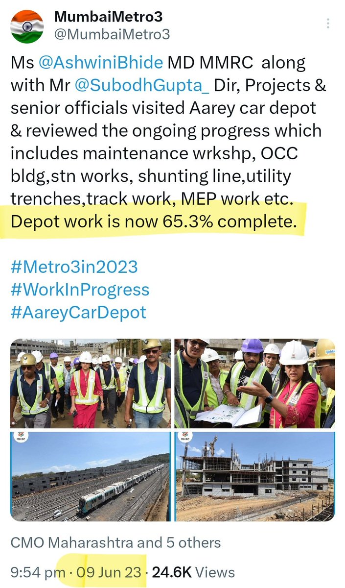 Aarey Depot 
Metro3

22 Jul 22 - work resumed
25 Jan 23 - 55% completed
09 Jun 23- 10.3% more in 135 days
25 Oct 23- 13.8% more in 138 days
17 Jan 24 - 15.9% more in 84 days
26 May 24- 4.5% more in 130 days

Work has slowed down drastically

1/2
