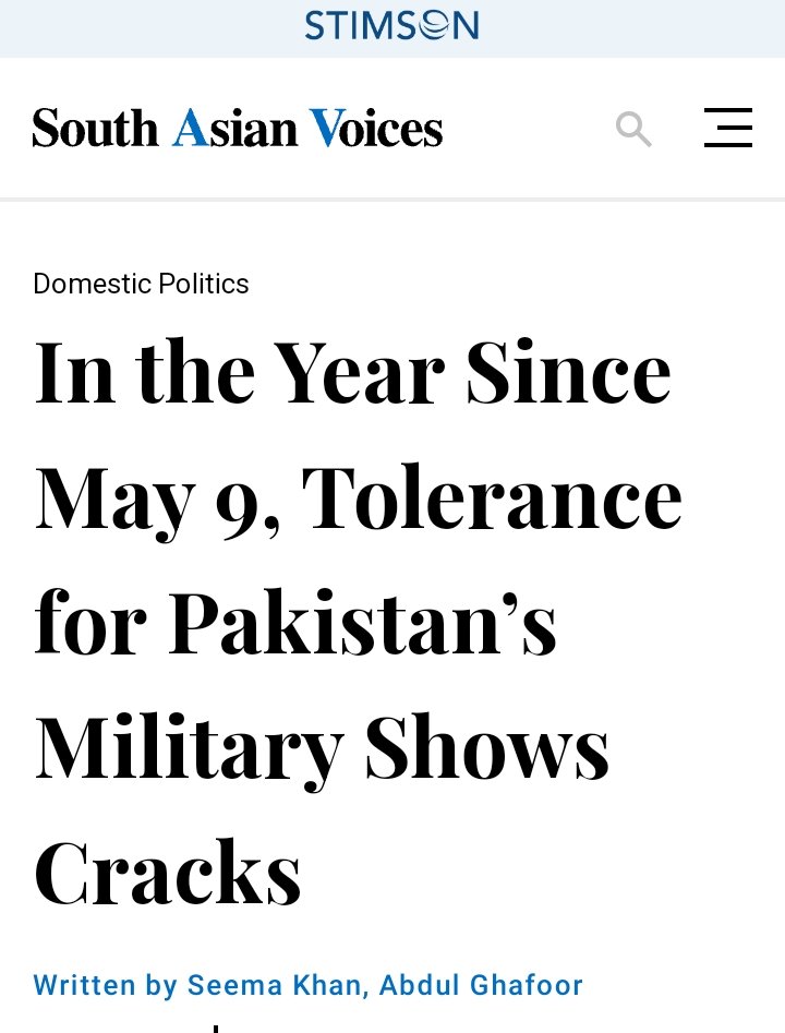 Excellent Analysis by Seema Khan and Abdul Ghafoor published at @StimsonCenter ♦️ Key Points 📌 A year after the May 9, 2023, protest, public opinion in Pakistan has turned against military interference in politics, with growing support for Imran Khan and PTI despite