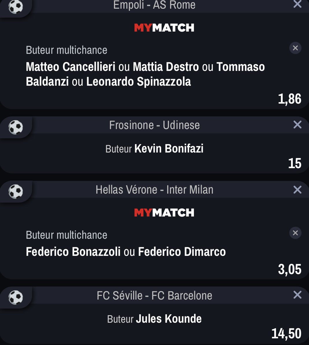 Bets2CarnageH24's tweet image. 🔞⚽️🏒🧟‍♂️🥅🏎️🇪🇸🇮🇹🇳🇱🇺🇸✨
🧘‍♂️🌟 ⏱️16H15/21H🔥
🔝x2/x3/x4/2MT/x2x3MT/2/+2.5+3.5 
🦴 Zapata + Miranchuk @10 Dimarco @5 
Trocheck + Tarasenko @15 Mikkola @13 
🔁/🩷~☘️ #TeamParieur #fun #bets #NHL