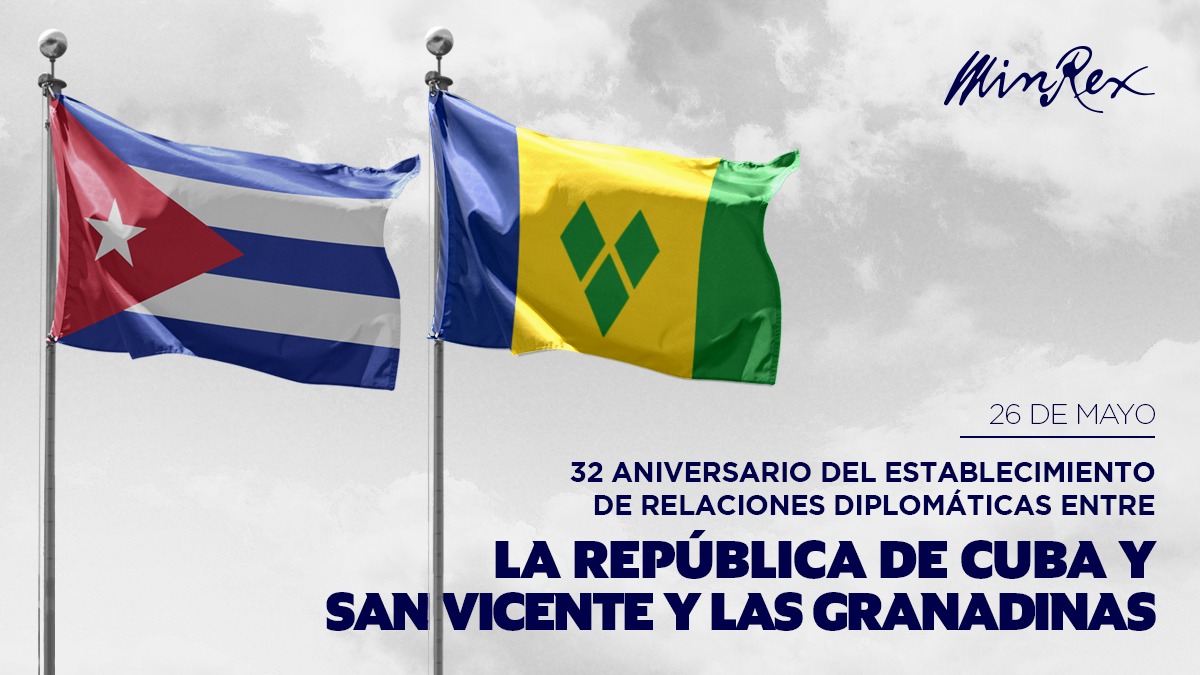 #Cuba 🇨🇺 celebra, junto al pueblo y gobierno de San Vicente y las Granadinas 🇻🇨, el 32 aniversario del establecimiento de relaciones diplomáticas. Ratificamos la voluntad de continuar fortaleciendo las relaciones de hermandad y cooperación entre ambos países.