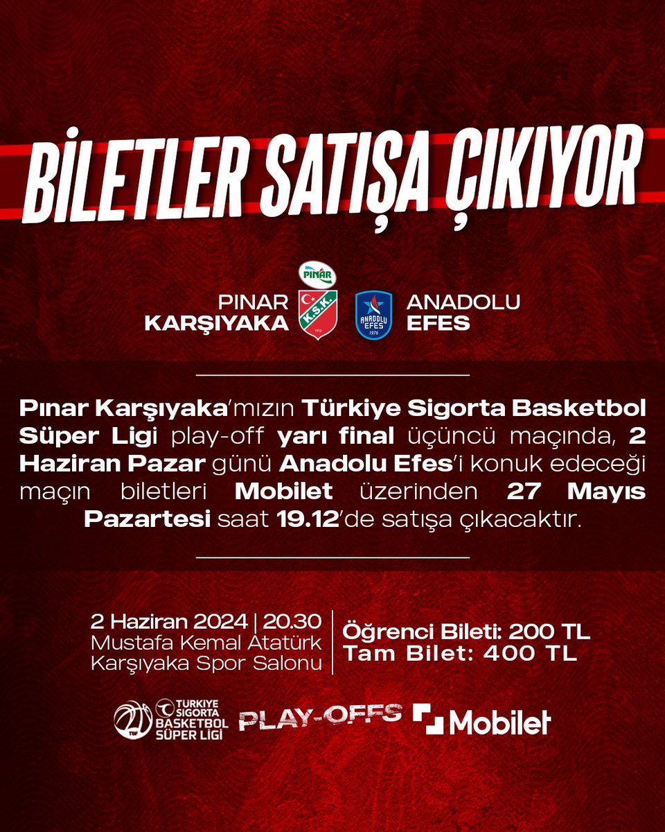 📢 Pınar Karşıyaka’mızın Türkiye Sigorta Basketbol Süper Ligi play-off yarı finalinde Anadolu Efes’i konuk edeceği üçüncü maçın biletleri hakkında bilgilendirme ⤵️