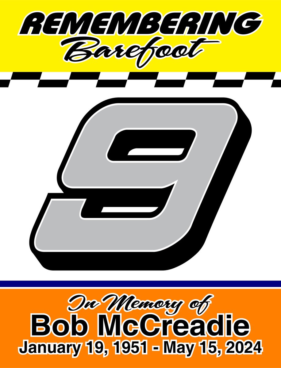 Don't forget, the first 1500 fans through the gate at @WeedsportSpdwy will receive a chloroplast placard ‘Remembering Barefoot.’ During lap 9 of the Feature, we will ask all fans to proudly stand and display their sign to honor and remember Bob McCreadie.