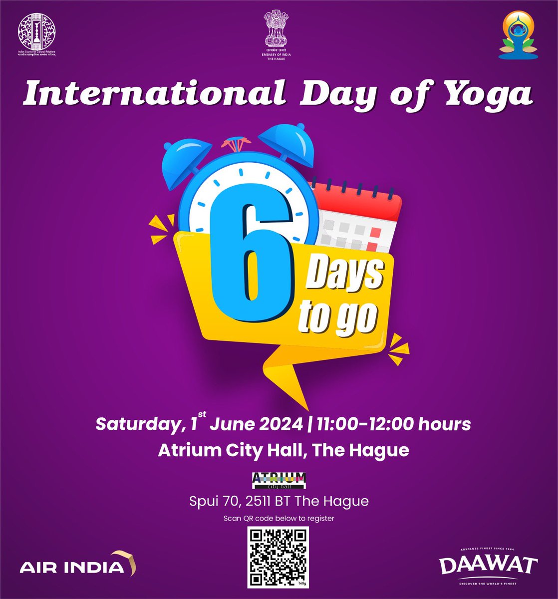 Join us for the 10th International Day of Yoga 2024 on Saturday, 1st June @AtriumCityHall in association with @GemeenteDenHaag 
We encourage to carry your own yoga mat.
Register @ bit.ly/4b7fWIY or scan QR code👇
#countdown  #IDY2024 #InternationalDayOfYoga2024