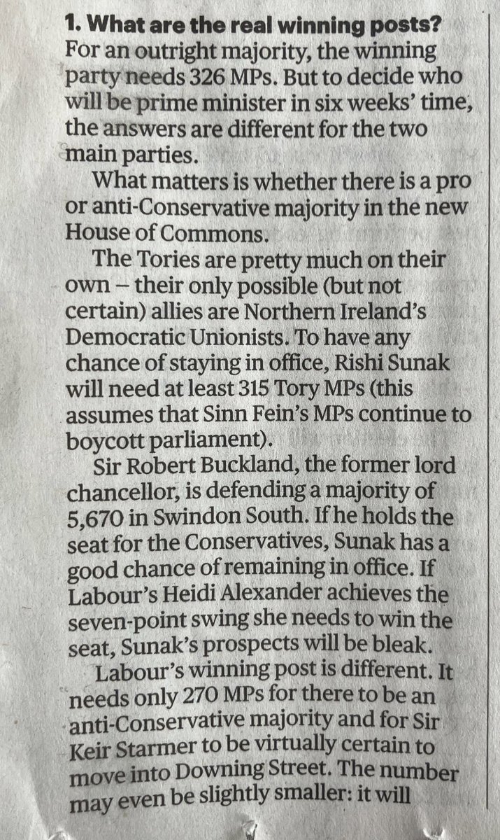 Interesting, via Peter Kellner. We all know the outright majority number (326 MPs) but for Keir Starmer to be PM Labour just needs to win around 270 MPs. Because that’ll mean an anti-Tory majority in Commons that won’t accept a PM Sunak.