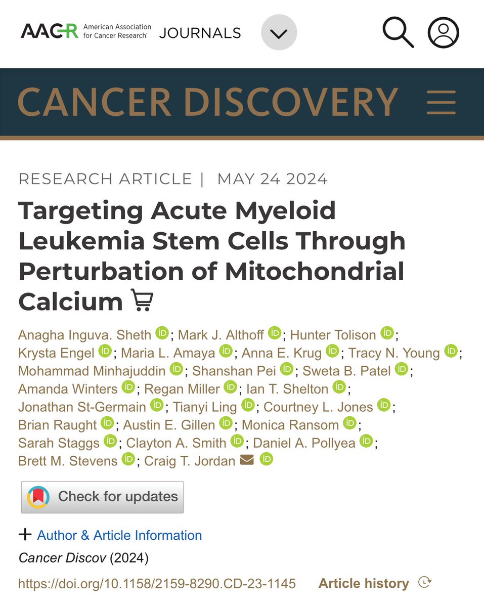 Targeting Acute Myeloid Leukemia Stem Cells Through Perturbation of Mitochondrial Calcium @CD_AACR @AACR @OncoAlert @oncodaily @CraigTJordanLab @AnaghaInguva #MedEd #MedX #Oncology doi.org/10.1158/2159-8…