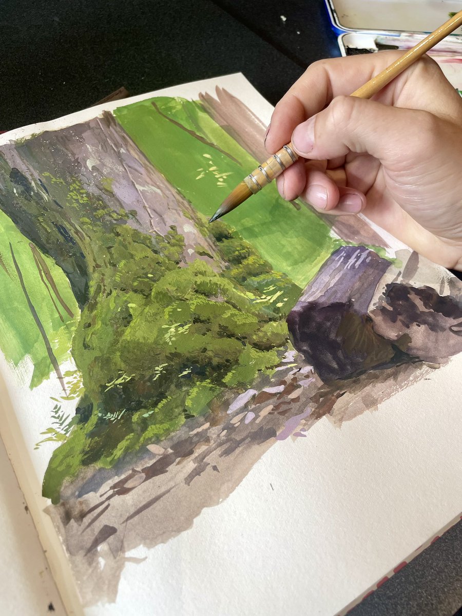 Touching up a little gouache plein-air piece I did in Cherokee. 🌱😊