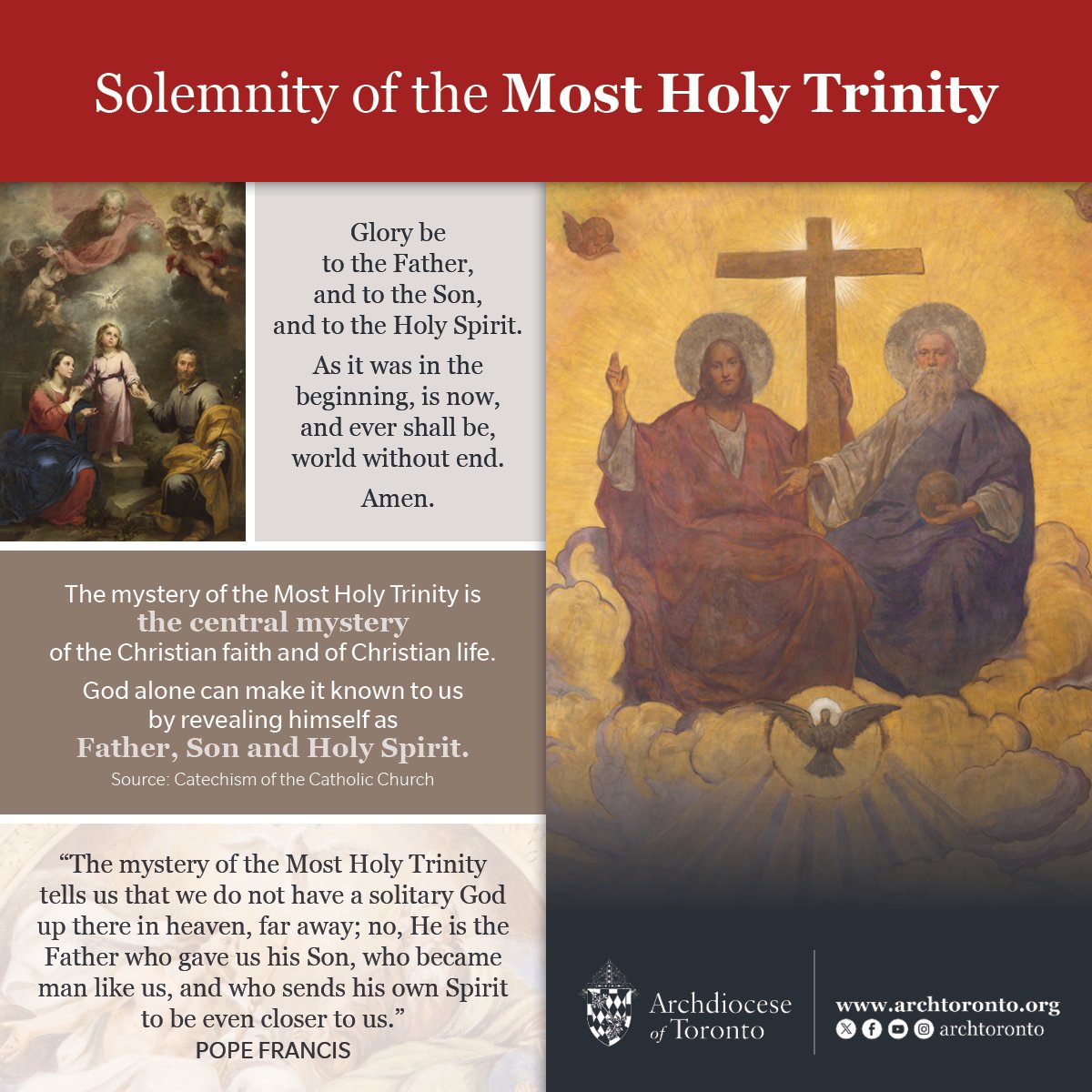 'The mystery of the Most #HolyTrinity tells us that we do not have a solitary God up there in heaven, far away; no, He is the Father who gave us his Son, who became man like us, and who sends his own Spirit to be even closer to us.' Pope Francis