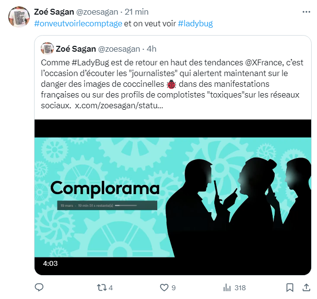 @TvlCampagnol Zoe Sagan avait rejoint le mouvement hier soir, mais 20 minutes plus tard, elle à effacer son tweet, pourquoi @zoesagan ? 🤔

Zoe c'est le moment de prouver que vous vous battez bien contre le système !