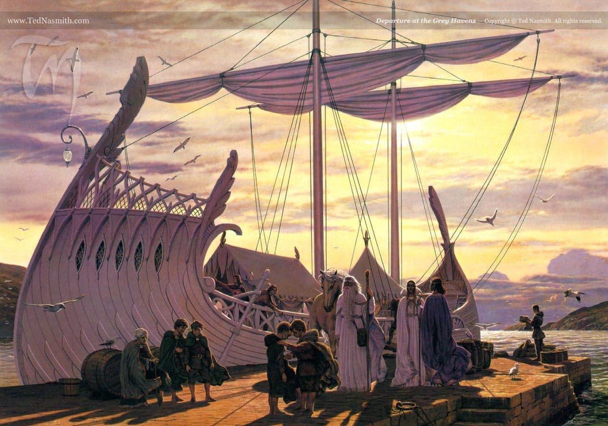 Departure at the Grey Havens By Ted Nasmith Following the defeat of Sauron and the crowning of King Aragorn Elessar in the War of the Ring, the last of the Noldor set sail from the Grey Havens and left Middle-earth for Valinor.