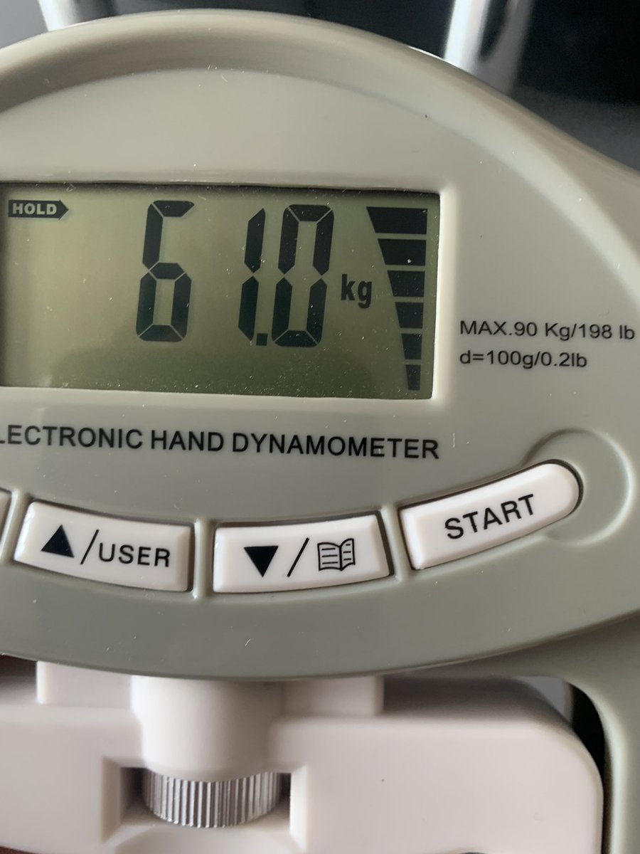 MetabolicUncle's tweet image. #antiaging #grip #griptest They say gripstrength reliably predicts mortality. According to this I am well ahead my age group. I am 57 and my gripstrength would be considered strong even for a mid twenty year old man. Never worked on it. Just normal workouts. I will try 2 improve.