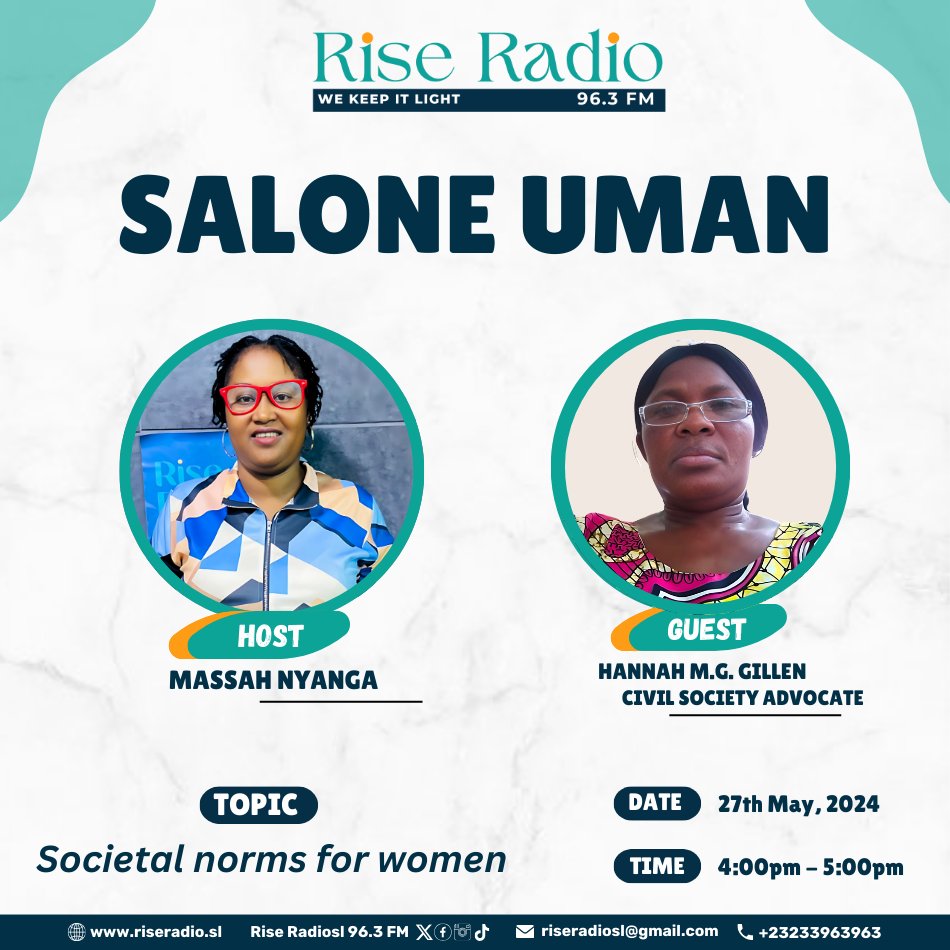Tune in to #SaloneUman with host Massah Kallon-Nyanga and special guest Hannah M G Gillen as we tackle the topic of 'Societal Norms for Women.' Join us for an empowering discussion that sheds light on the challenges and triumphs of women. @asmaakjames @mariamajbah9 #riseradiosl