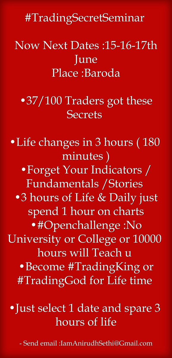 Only 3 hours of Life 

•Just Select one Date From 15th/16th/17th June
•Place :Baroda
#TradingSecretSeminar 

•Yes Will reveal these Secrets to 10 Traders 
•#Openchallenge to anybody : Forget #TradingLoss after attending 3 hours of session.

email : IamAnirudhSethi@Gmail.com