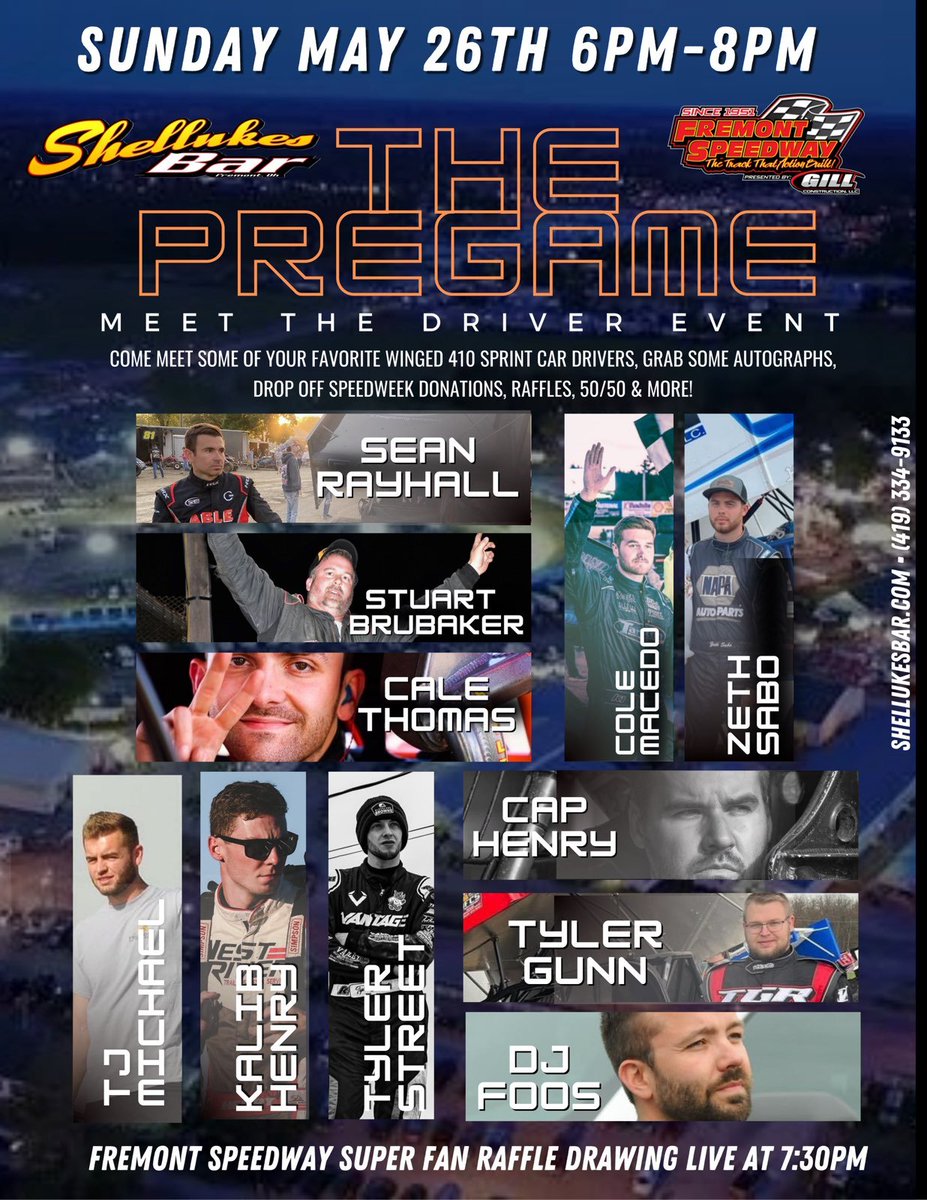 Tonight's the night for the Shellukes Bar and Grill Pregame event! Meet the drivers, make your donations for the Speedweek drivers and buy your tickets for the super fan raffle basket.