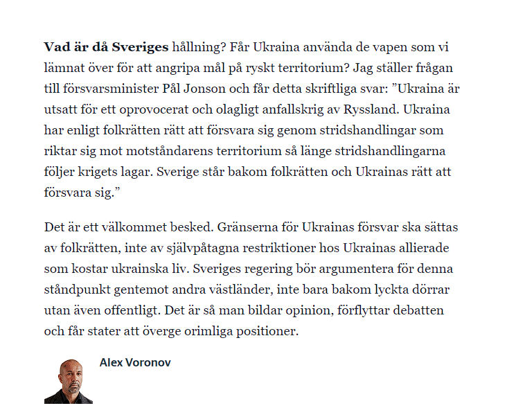 NOELreports's tweet photo. Sweden allows Ukraine to strike on Russian territory with its supplied weapons. 

"Ukraine is subject to an unprovoked and illegal war of aggression by Russia. Ukraine has the right under international law to defend itself through acts of war directed against the territory of the opponent as long as the acts of war comply with the laws of war. Sweden supports international law and Ukraine's right to defend itself," Defense Minister Pål Jonson said.

https://t.co/SQqZ4CXuAE