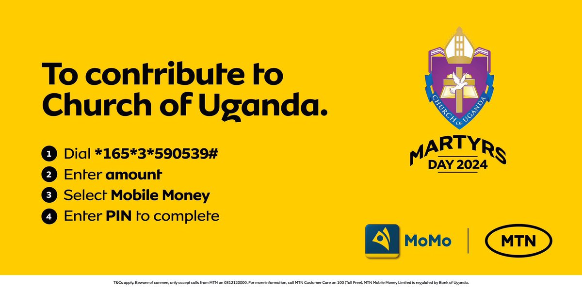 Be part of something special!✝️ Support @ChurchofUganda_'s #MartyrsDay preparations to honor the sacrifices of our brave martyrs. 

Donate using code 590539 on #MTNMoMo.
#TogetherWeAreUnstoppable
