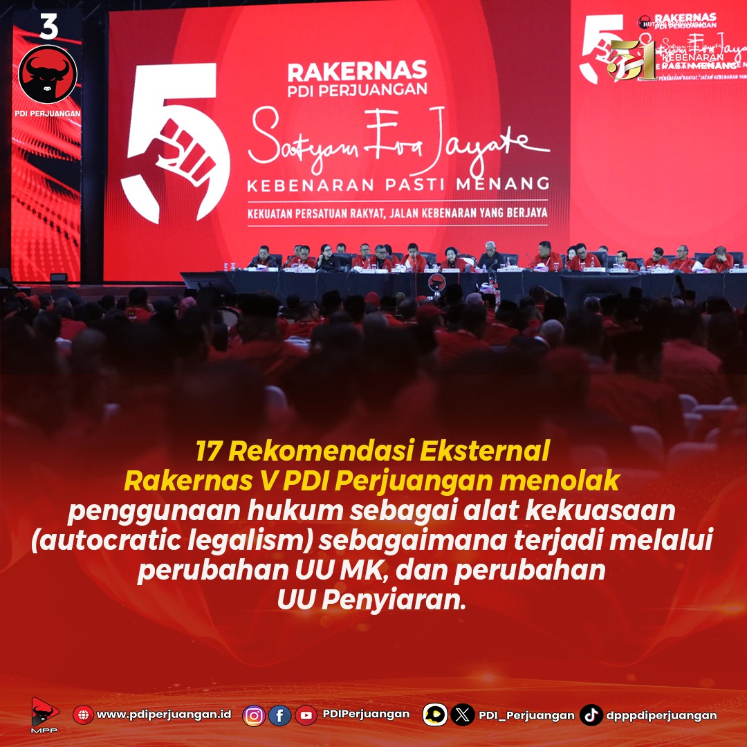 Hasilkan 17 Rekomendasi Eksternal, Ketua Umum PDI Perjuangan Megawati Soekarnoputri Tutup Rakernas V PDI Perjuangan.

Rakernas V PDI Perjuangan, Hasilkan 17 Rekomendasi Eksternal salah satunya mendorong seluruh elemen bangsa untuk menjaga dan mewujudkan cita-cita reformasi,