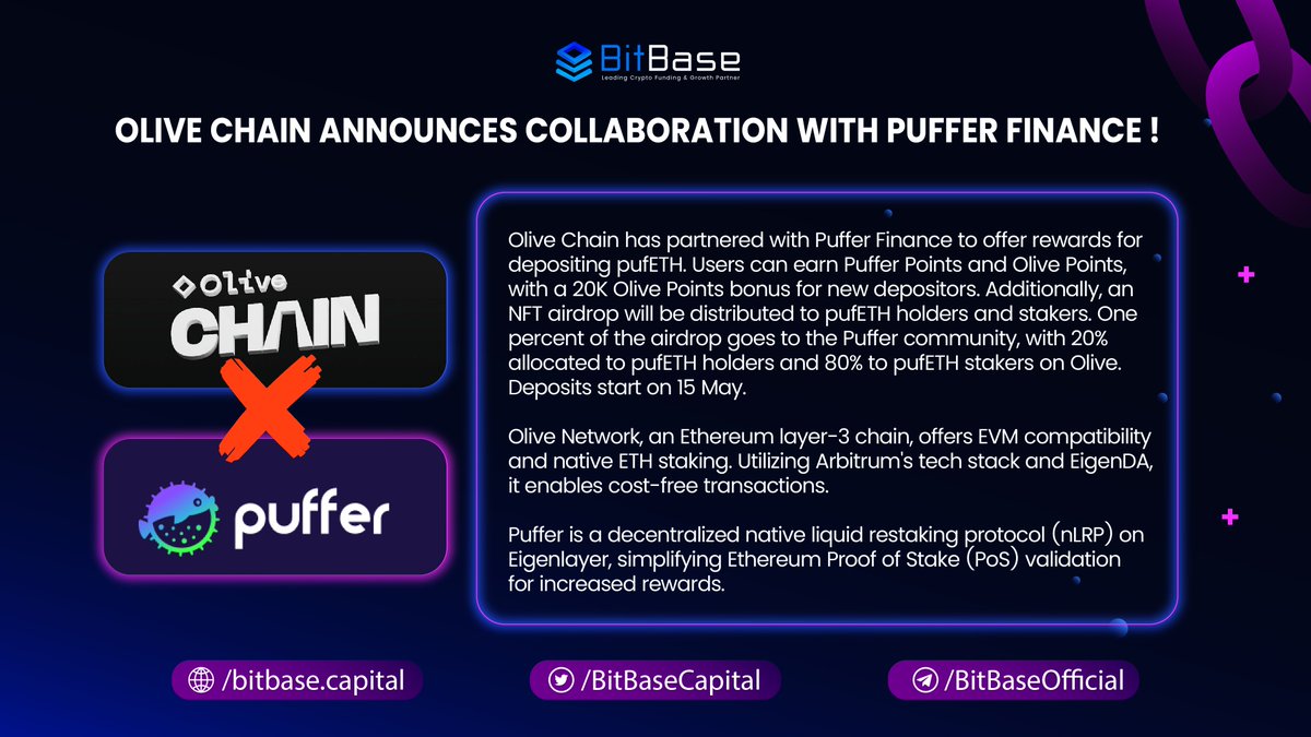 🚀 Partnership Rewards Alert: Olive Chain x Puffer Finance 🎉 🚀 Exciting news! Olive Chain has teamed up with Puffer Finance to reward pufETH depositors! Earn Puffer Points & Olive Points, plus a 20K Olive Points bonus for new users. 🎉 NFT airdrop: 1% to Puffer community, 20%