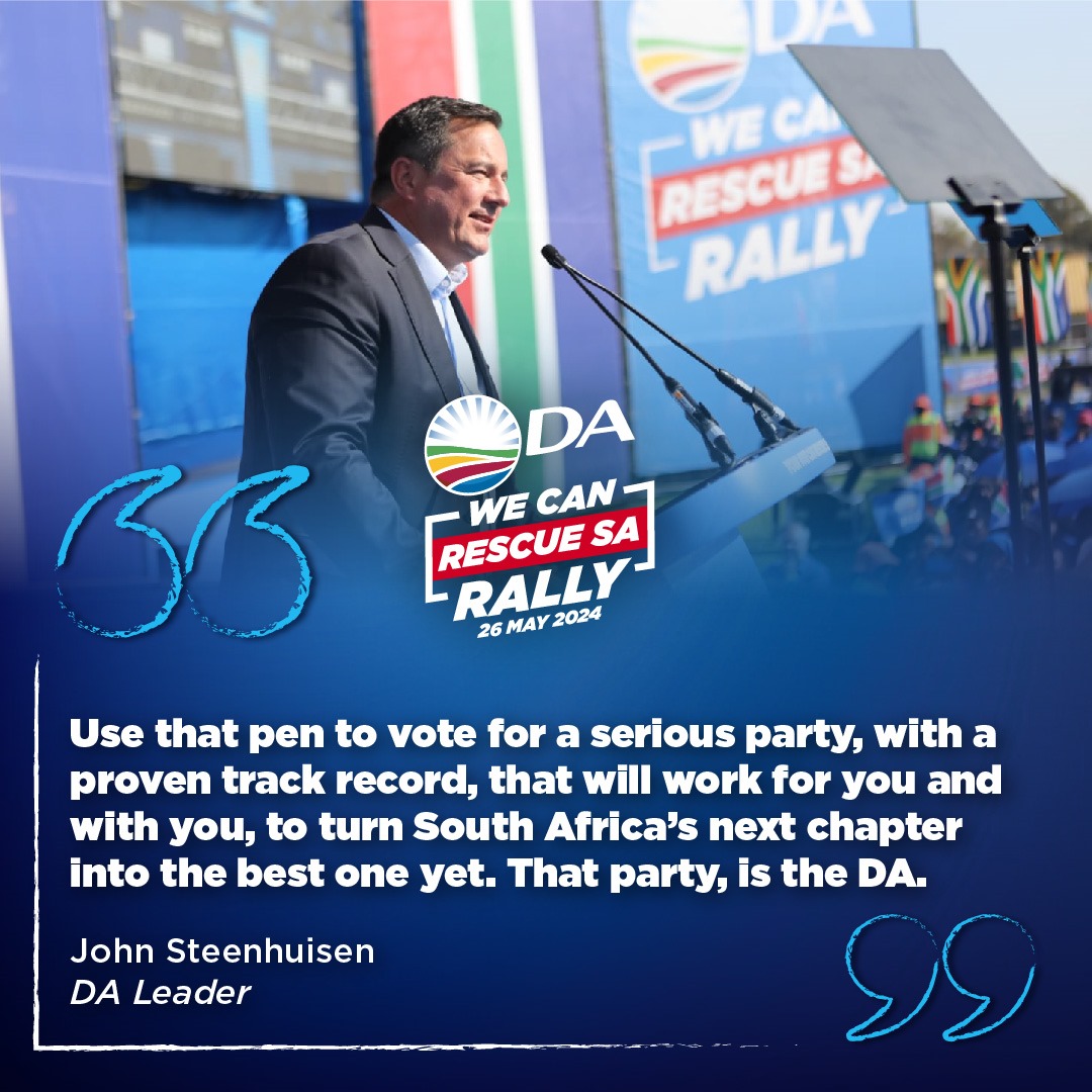 ✒️United, we can pen a new chapter for our beloved country. DA Leader John Steenhuisen encourages South Africans to start writing a new story #RescueSARally #VoteDA